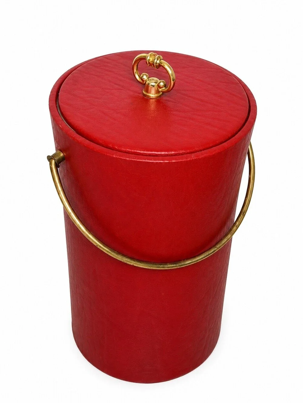 Vintage Georges Briard Red Vinyl Ice Bucket Gold Tone Handle Mid Century Barware